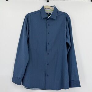 Tom Baine Slim Fit Stretch Performance Shirt Blue White Polka Dot Large